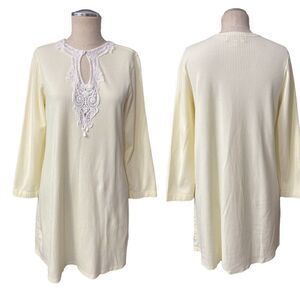 Verena Pale Yellow Ribbed Crochet Lace Keyhole Long Sleeve Short Nightgown Sz S